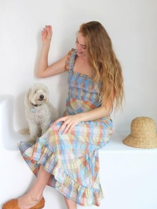 🌈NWT GANNI Multi-Color Seersucker Check Smocked Long Dress Size EU 38, 40 $285 - Picture 3 of 16